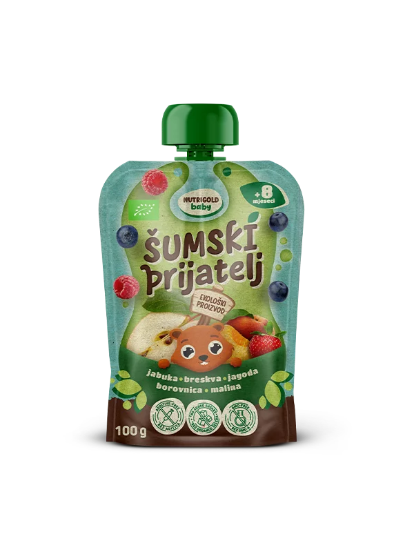 Nutrigold Baby Quetschie mit Apfel, Pfirsich, Erdbeere, Heidelbeere & Himbeere – Biologisch in einer 100g Packung