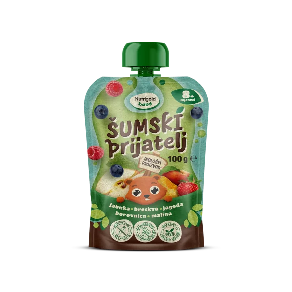 Quetschie mit Apfel, Pfirsich, Erdbeere, Heidelbeere & Himbeere – Biologisch 100g Nutrigold Baby