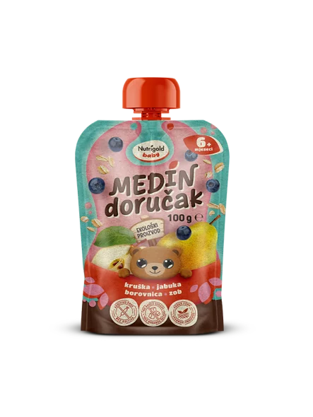 Quetschie mit Birne, Apfel, Heidelbeere & Hafer – Biologisch 100g Nutrigold Baby