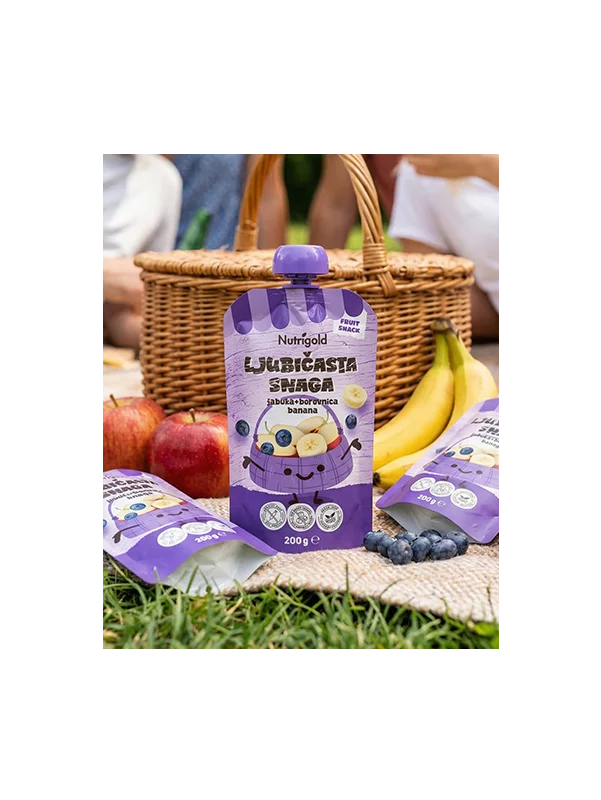 Nutrigold Fruchtpüree mit Apfel, Heidelbeeren & Banane in einer 200g Packung