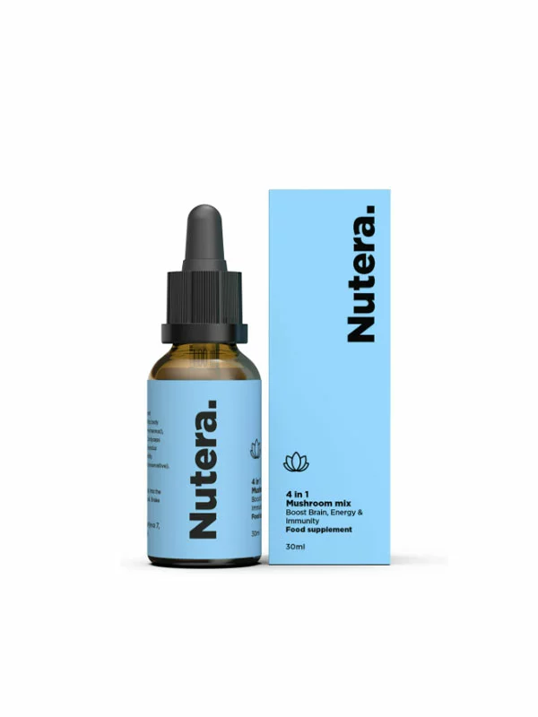 Nutera 4-in-1 Pilzmischung (Reishi, Cordyceps, Chaga & Löwenmähne) in einer 30ml Glasflasche Tropfer