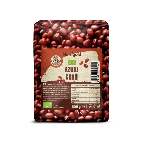 Nutrigold Azukibohnen aus biologischem Anbau in einer durchsichtigen 500 Gramm Packung