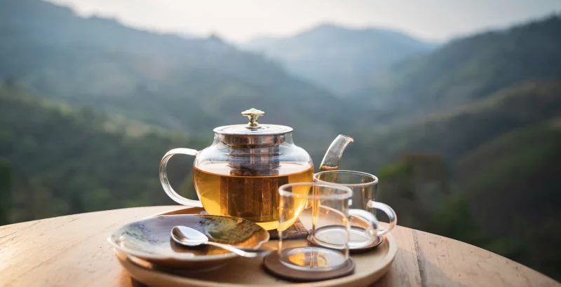 Zwei-Tassen und eine Teekanne mit ein Blick ins Grüne