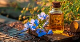 Leinsamenöl in der Natur mit Leinblüten