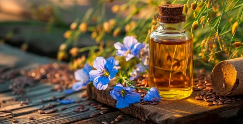 Leinsamenöl in der Natur mit Leinblüten