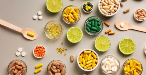 Vitamine und Nahrungsergänzungsmittel in Schälchen