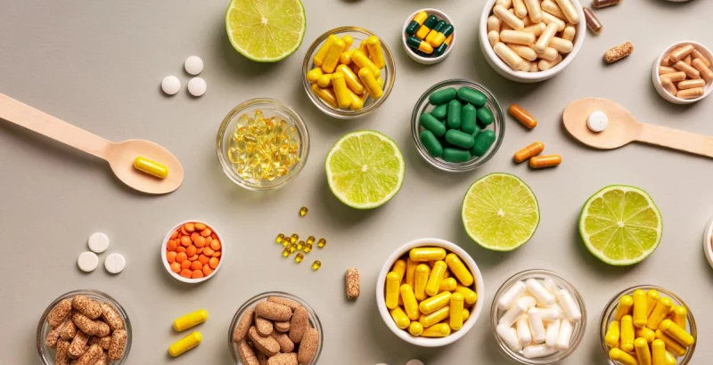 Vitamine und Nahrungsergänzungsmittel in Schälchen