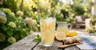 Detox Getränk mit Ingwer und Zitrone Eine Tasse Tee mit Zitrone und Ingwer auf dem Tisch